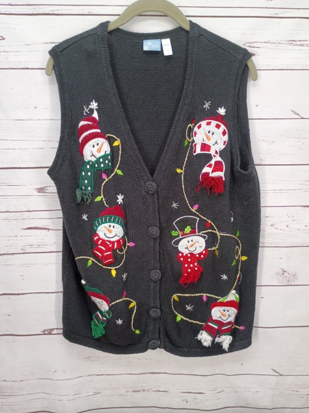 Vintage Holiday Editions Christmas Snowman Embroidered Button Cardigan Vest Blac